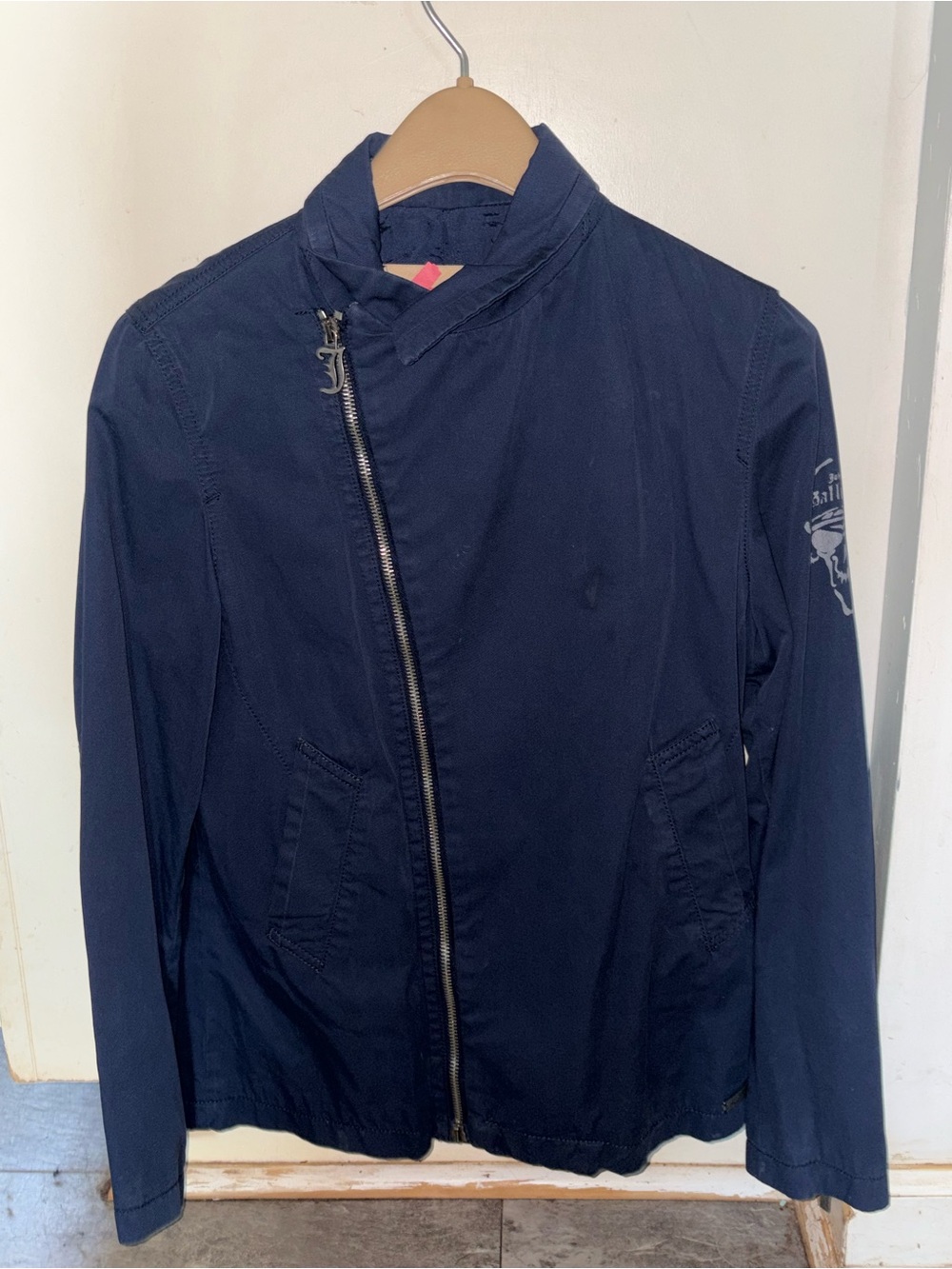 John Galliano Navy jacket asymmetrical zip  Pirate scull log size12(boy)Designer